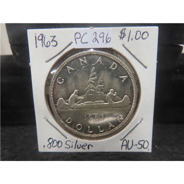 Canada Dollar 1963 A.U.50, .800 Silver 23.33 Grams.