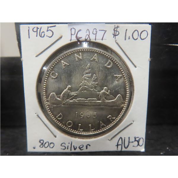Canada Dollar 1965 A.U.50, .800 Silver 23.33 Grams.