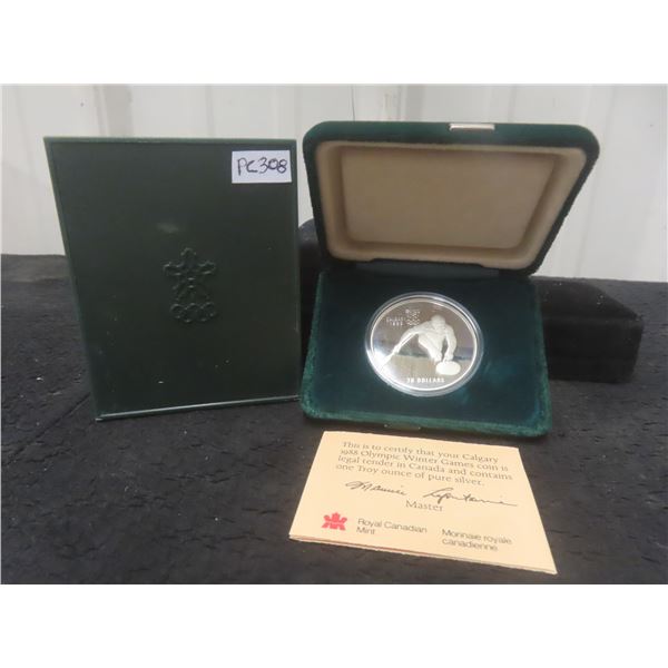 1988 Calgary Winter Olympics $20 Silver Coin, Curling, 1 Troy Ounce, With Case & COA