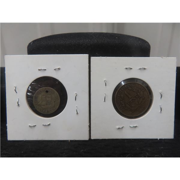 (2) Danish West Indies Coins: 1860 1¢ & 1859 5¢ Coins