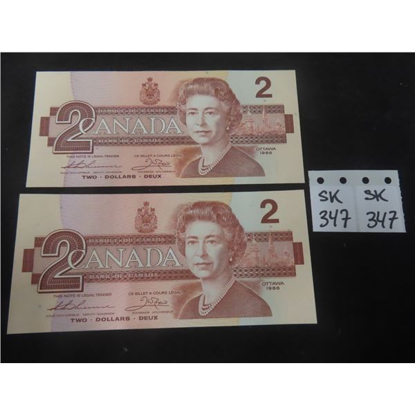 (2) Uncirculated 1986 $2 Canadian Bills