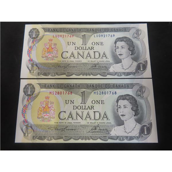 (2) Uncirculated 1973 Canadian $1 Bills w/ Consecutive Serial Numbers