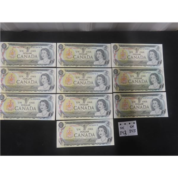 (10) 1973 Canadian $1 Bills, Crisp