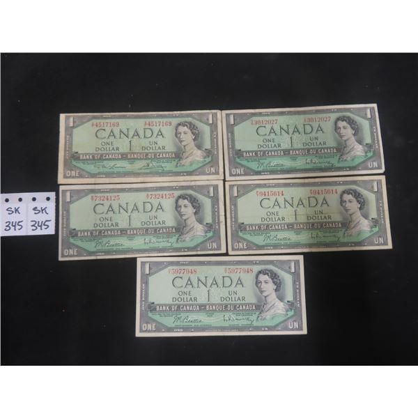 (5) 1954 Canadian $1 Bills