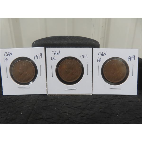 (3) Canadian 1919 Large Cents