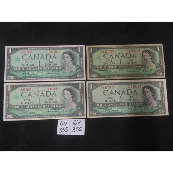 (3) 1967 Canadian Centennial $1 Bills & 1954 Canadian $1 Bill