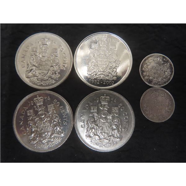 (2) 1919 Canadian Dimes & (4) Canadian 50¢ Coins