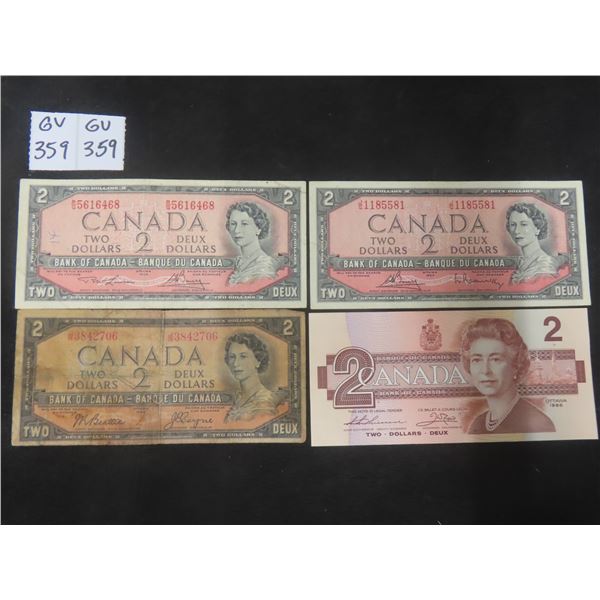 (3) 1954 Canadian $2 Bills & 1986 Canadian $2 Bill