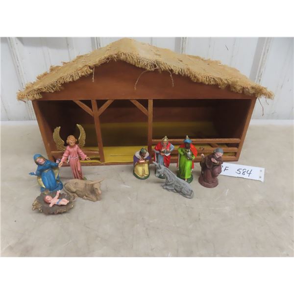 Nativity Manger With 9 Figurines – Approx. 9" x 18" x 8"