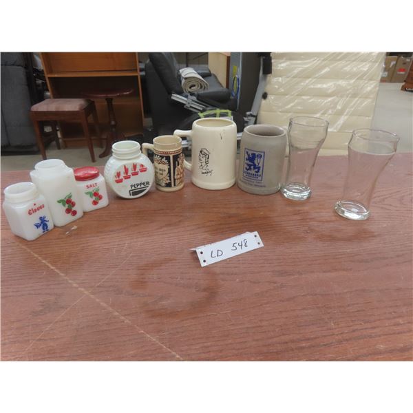 Beer Glasses and Steins With 4 Milk Glass Spice Jars (Missing Lids)