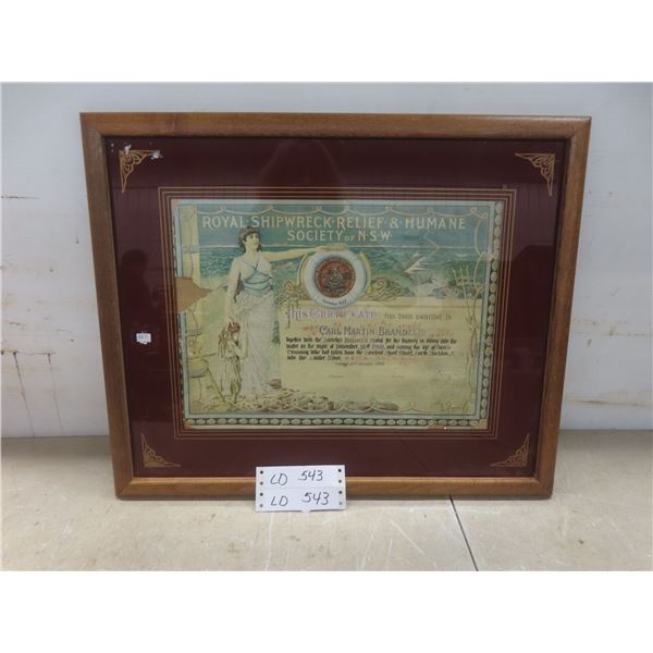 Royal Shipwreck Relief and Humane Society of NSW Framed Certificate, 18" x 21"