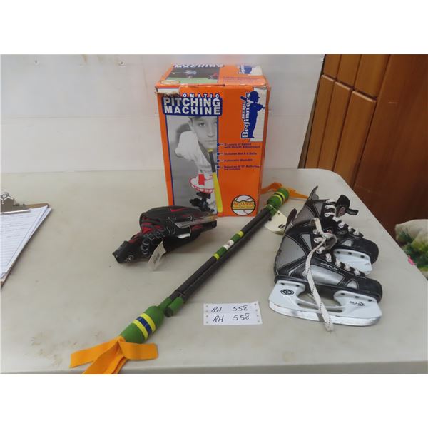 Automatic Pitching Machine, New Right Hand Glove and Youth Size 11 Skates
