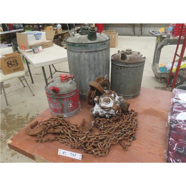 3 Galvanized Gas Containers With Vintage Chain and Pulley