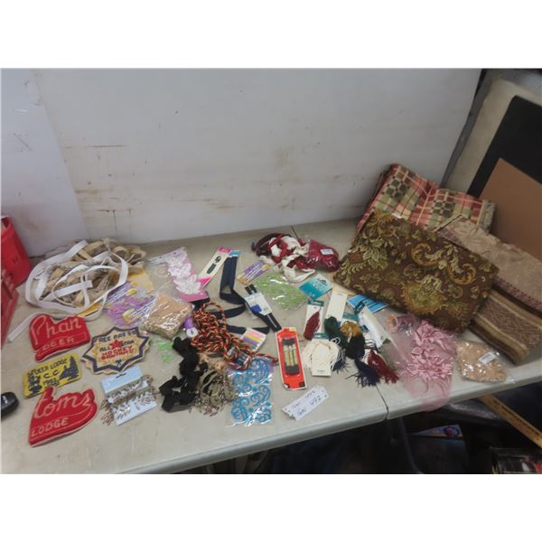 Fabric and Sewing Notions Including Zippers, Thread, Appliques, Tassels, Needles, and More