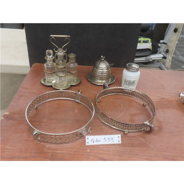 Silver-Plated Honey Keeper, 2 Casserole Dish Holders, and 5-Piece Salt, Pepper, Oil, and Vinegar Se