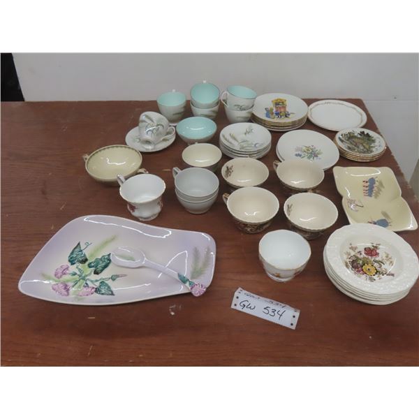 Teacups and Saucers Including Masons Florentine and Royal Albert, With Side Plates and Serving Plat