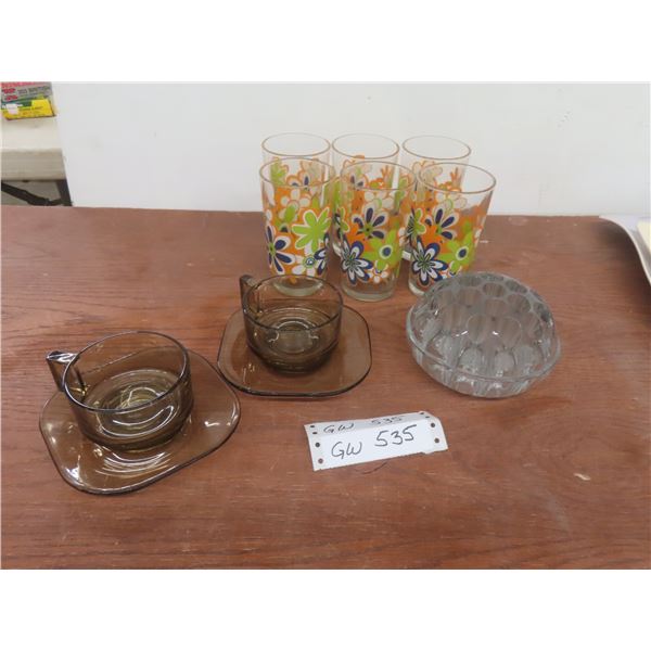 6 Vintage Glass Tumblers, 2 Coffee Cups With Saucers, and Art Glass Flower Frog Flower Holder
