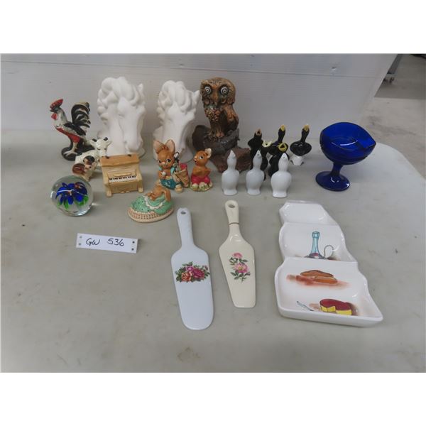 Shelf Decor Including Glass Paperweight, Horse Heads, Cake Servers, and More