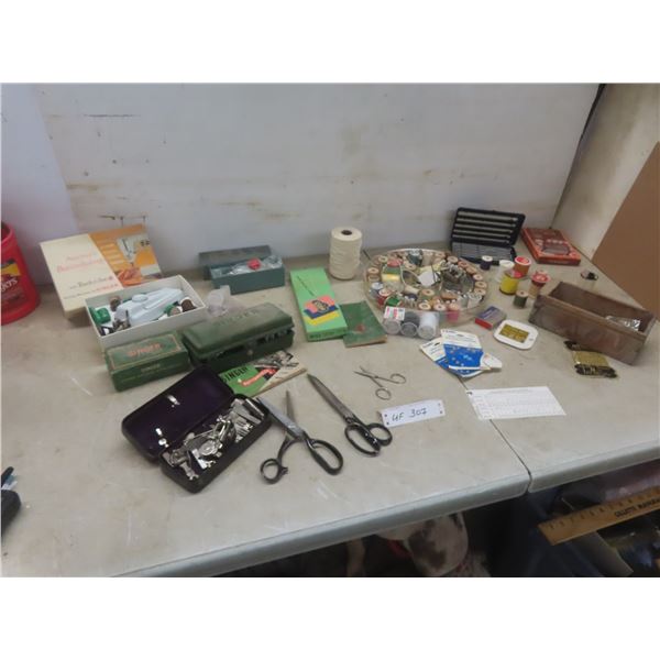 Sewing Notions Lot: Buttonhole Attachment, Pinking Shears, Scissors, Thread, Crochet Needles, and M