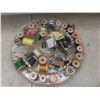 Image 20 : Sewing Notions Lot: Buttonhole Attachment, Pinking Shears, Scissors, Thread, Crochet Needles, and M