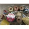 Image 21 : Sewing Notions Lot: Buttonhole Attachment, Pinking Shears, Scissors, Thread, Crochet Needles, and M