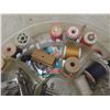 Image 23 : Sewing Notions Lot: Buttonhole Attachment, Pinking Shears, Scissors, Thread, Crochet Needles, and M