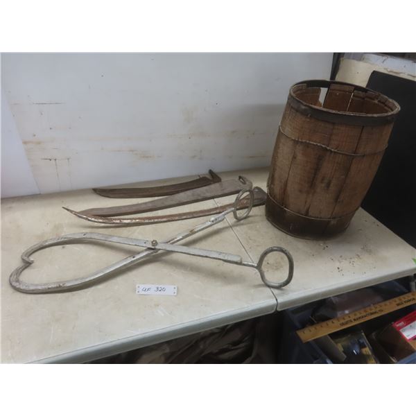 Vintage Tool Lot: Scythe Blade, Ice Tongs, Wood Barrel (17" x 12")(Needs Repair)