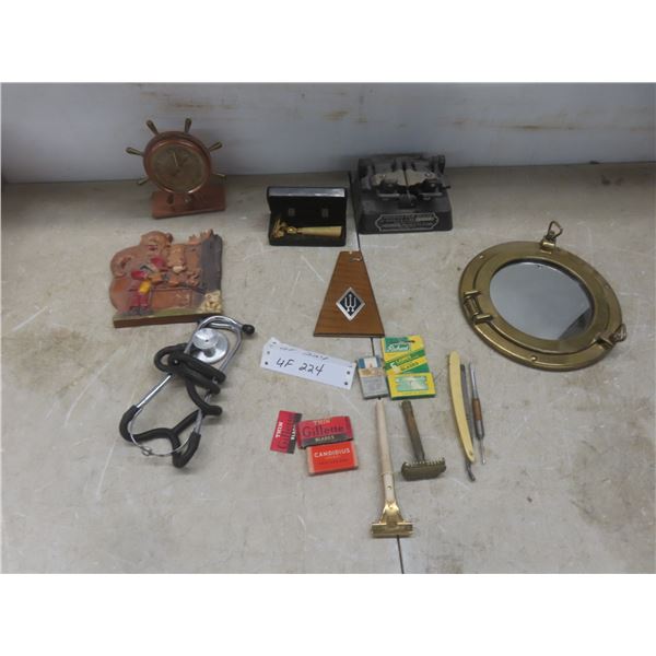 Vintage Swift and Anderson Ships Wheel Barometer Brass Porthole Mirrors Griswold Film Slicer Stetho