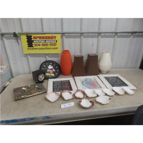 Mickey Mouse Clock Three Framed Pictures Inches Slogan Picture Clam Shells and Four Lamp Shades