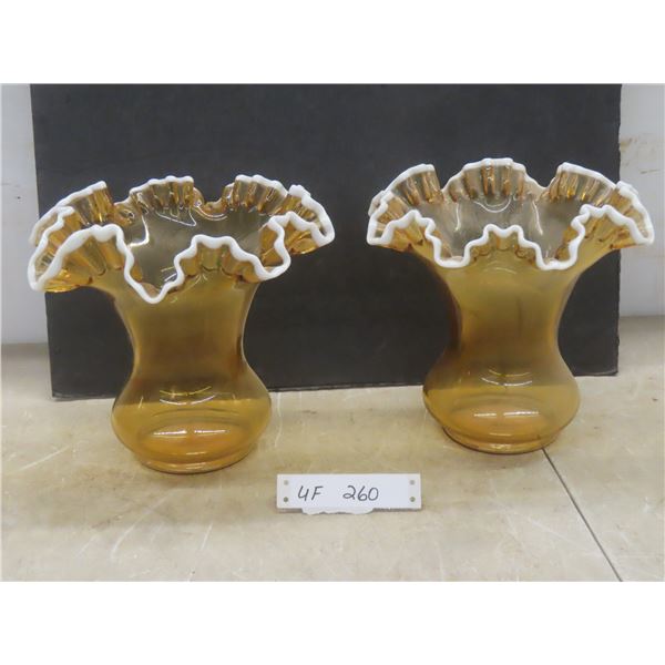 Two Amber Coloured Vases With White Ruffled Edges 8 1/2 Inches Tall
