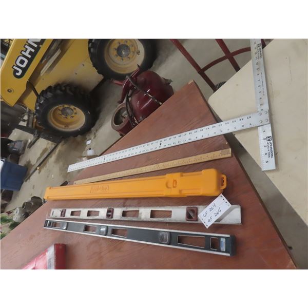 Three Levels Including 48 Inch Level T Square and Meter Stick