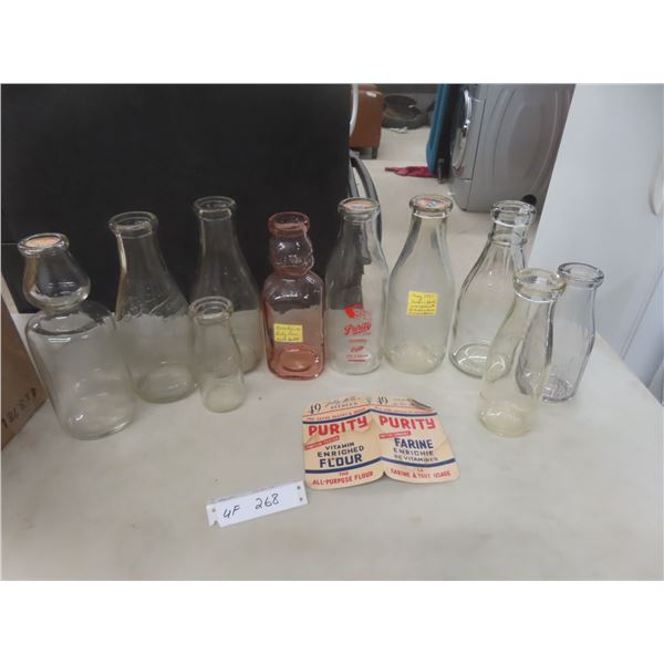 Ten Milk and Cream Bottles Including Brookfield Pink Baby Jar and Purity Jolly Miller Sewing Needle