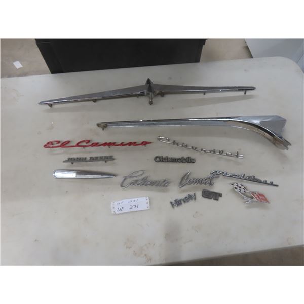 Auto Emblems Including El Camino Chevrolet Malibu Comet and Chrome Hood Ornaments