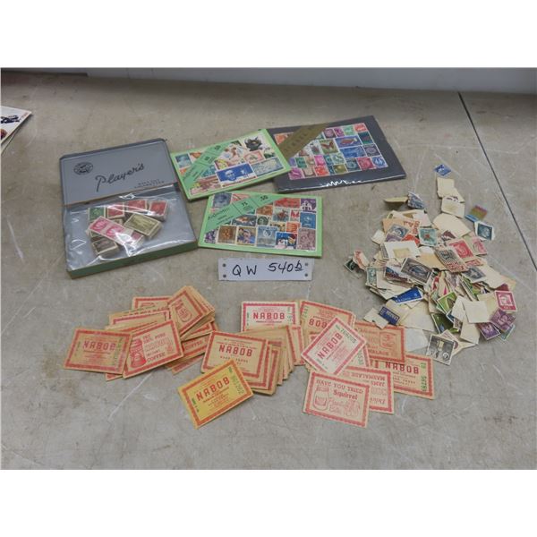 Stamp Collection Including Foreign and Canadian Stamps, Players Cigarette Tin, and Vintage Nabob Co
