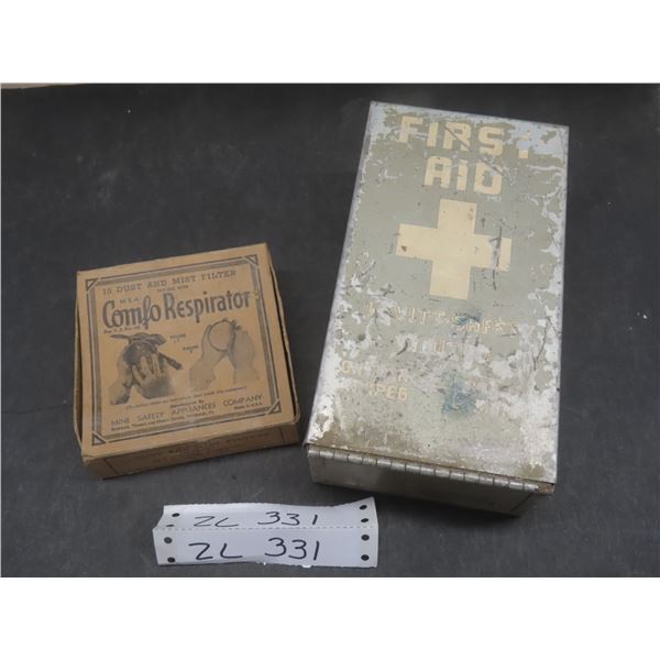 Vintage Metal First Aid Box and Comfo Respirator Filters With Original Box