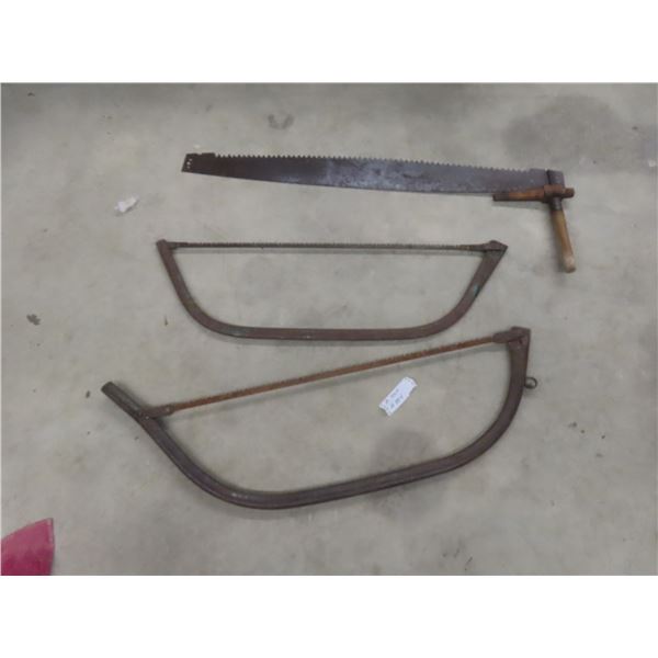 Vintage 2 Bow Saws and 48" Two-Man Saw (Missing 1 Set of Handles)