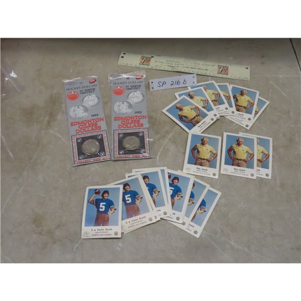 Dieter Brock and Ray Jauch Winnipeg Blue Bombers Football Cards, 7-UP Metal Ruler and Hockey Dollar