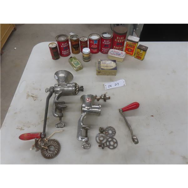 Two Meat Grinders Patty Tins Baking Powder Kerosene Mustard Olive Oil and British Consoles Cigarett