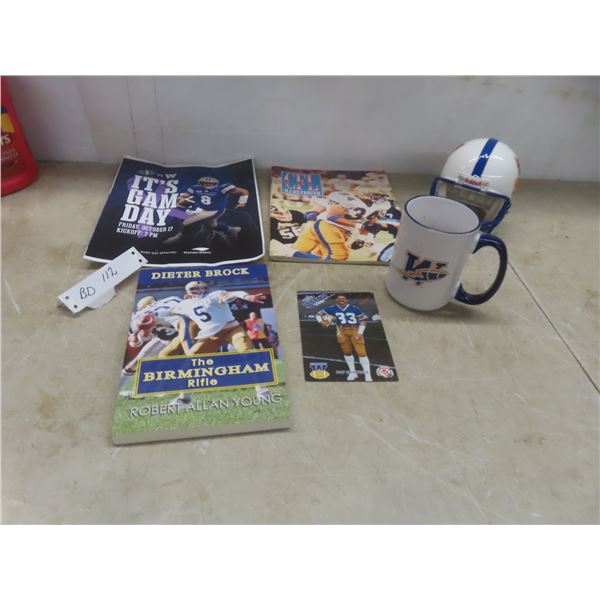 Rare Winnipeg Blue Bombers 2010 Mini Helmet Dieter Brock Book Memorabilia Lot