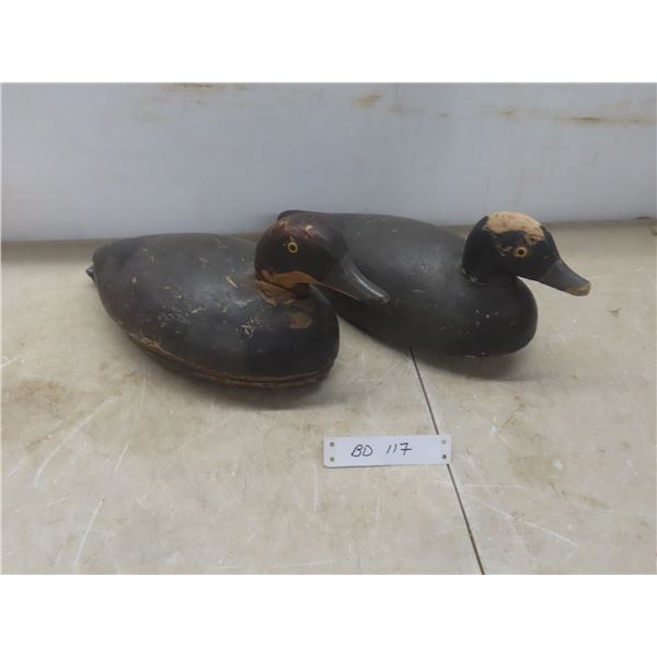 Two Vintage Wood Carved Working Duck Decoys Signed HT Glass Eyes Lead Weight