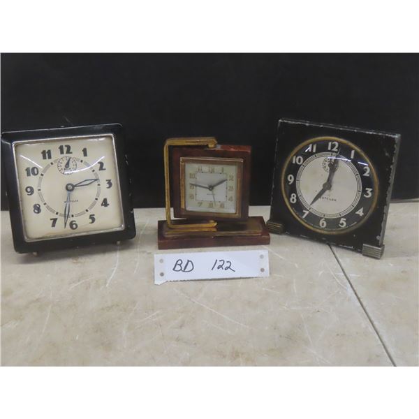 Three Vintage Deco Desk Clocks Including Westclox and Bayard