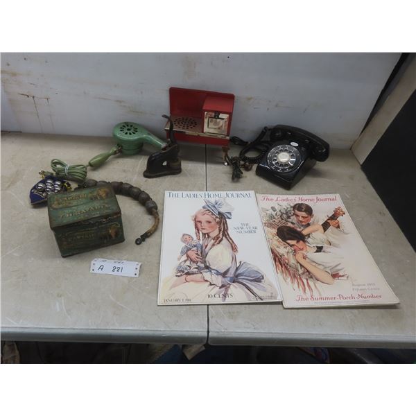 Vintage Blow Dryer, Rotary Phone, Child’s Electric Toy Stove, 2 Poster Cards, The Ladies’ Home Jour