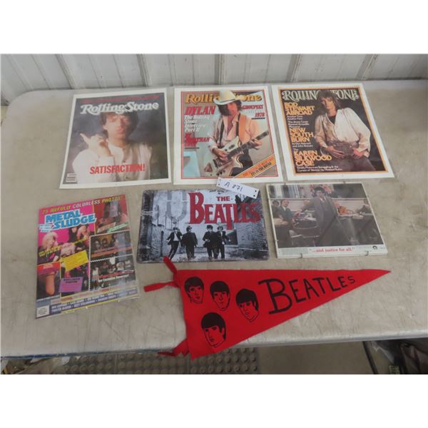 3 Rolling Stone Mag Posters 13" x 11", Beatles Metal Sign 8" x 12", Pennant