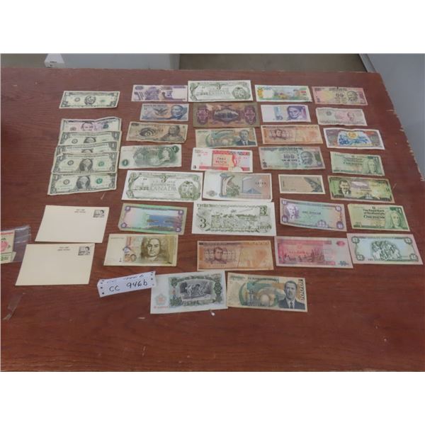 Foreign Currency Including 9 U.S. Dollars and Canadian Stamps