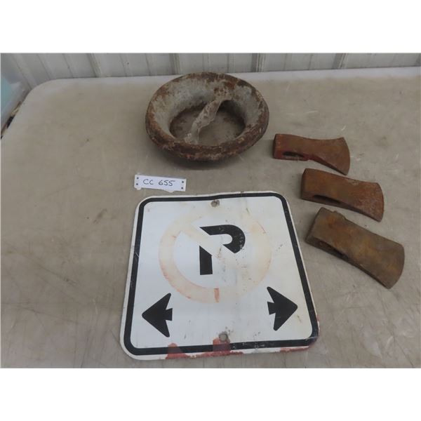 No Parking Metal Sign (12" x 12"), 3 Axe Heads & Milk Can Lid
