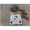 Image 1 : No Parking Metal Sign (12" x 12"), 3 Axe Heads & Milk Can Lid