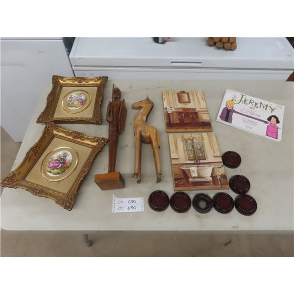 4 Pictures (Largest 12" x 11"), 2 Wood Sculptures, 6 Vintage Furniture Coasters