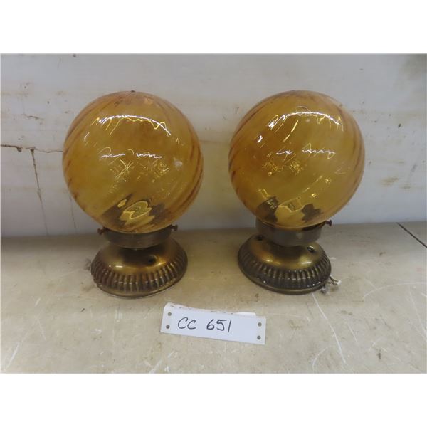 2 Ceiling Mount Light Fixtures w/Amber Coloured Globes
