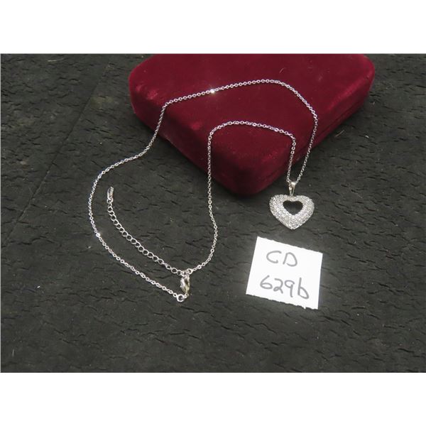 New Platinum-Plated 24.0mm Simulated Diamond Heart Cluster Necklace, Adjustable Chain 16"–18"