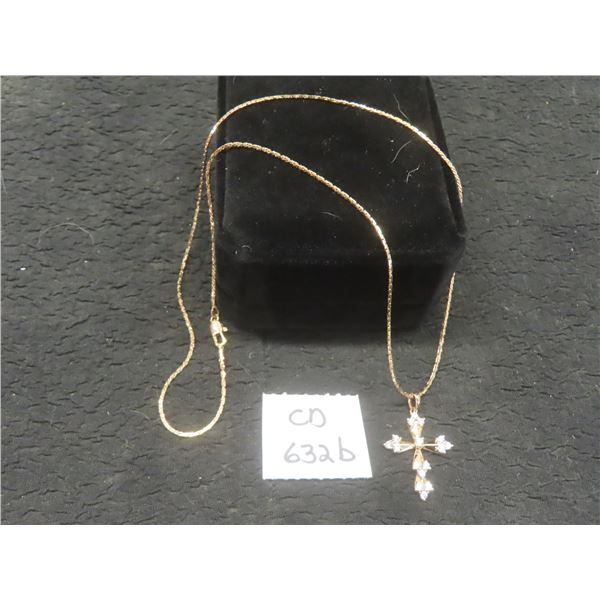 New 18K Gold-Plated 31.0mm Simulated Diamond Cross Necklace, 19" Chain